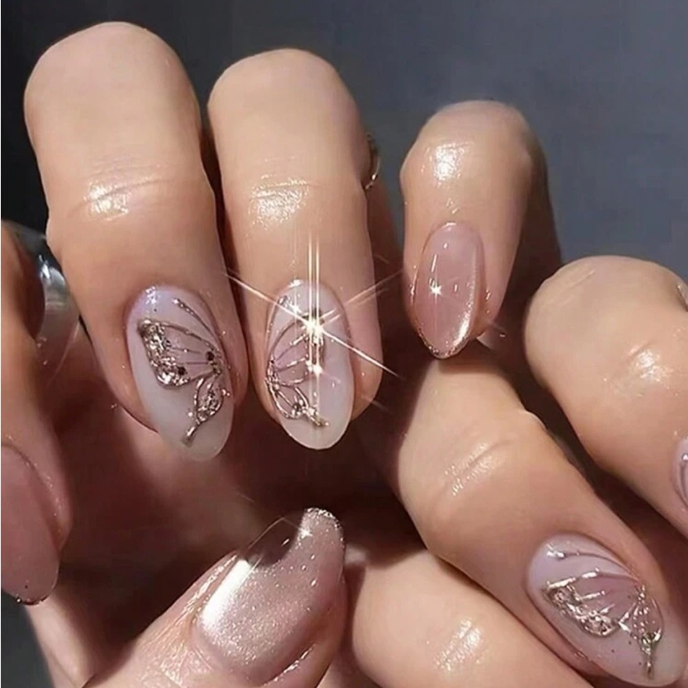 24pcs Medium/Long Ellipse-Shaped False Nails In Porcelain Pink, With Gold
